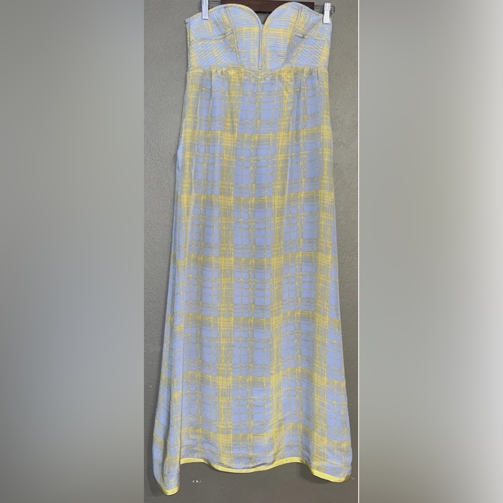 Maple Anthropologie Quilted Pastiche 100% Silk Grey Yellow Strapless Maxi Dress